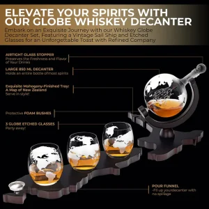 NZ MAP WOODEN BASE ETCHED GLOBE WHISKY DECANTER SET WITH 3 GLASSES-LIMITED EDITION (RRP:$149.99)